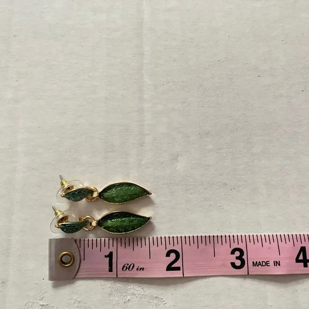 Enamel Leaf Bib Necklace & Earrings Set Green Rhinestone Gold Tone Cottagecore
